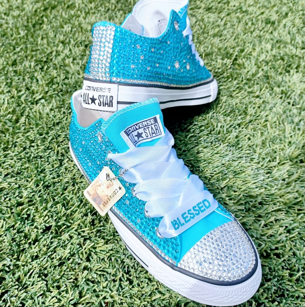 NEW Baby Blue Hand Embellished CONVERSE with "BLESSED" laces - Picture 4 of 8